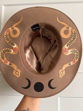 Hand-Painted Olive & Pique Wool Hat w/ Custom Artisan Snake & Moon Design